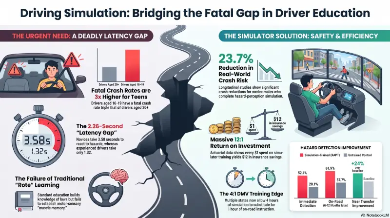 Driving Simulation Education Benefits Infographic showing crash risk reduction and hazard perception statistics